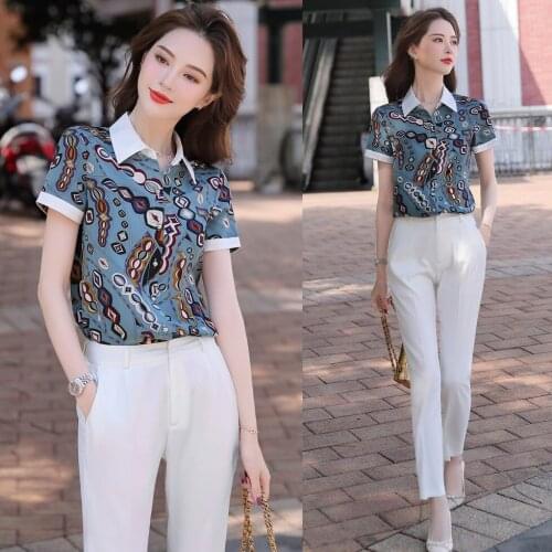 Summer Fashion Casual Women Blouses & Shirts Short Sleeve Print Office Ladies 2 Piece Pant and Tops Sets