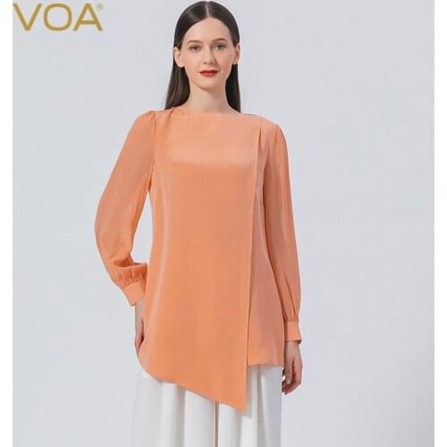 VOA Elegant Asymmetrical Streamer O-Neck Woman Silk Tshirts Autumn New Casual Solid Top Chic Long Sleeve Straight T-Shirts BE810