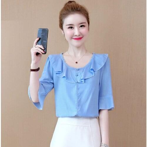 Women Spring Summer Style Chiffon Blosues Shirts Lady Casual Short Flare Sleeve Peter Pan Collar Blusas Tops ZZ0304