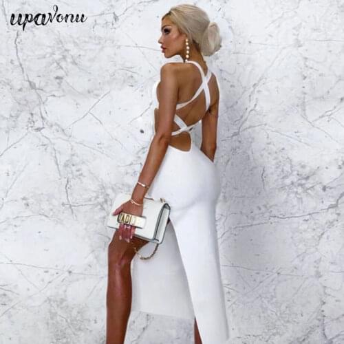 2020 Sexy Lace-Up Bandage Dress Women White Spaghetti Strap Sleeveless Split Halter Bodycon Midi Dress Club Party Dress Vestidos