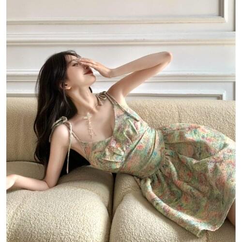Vintage Fashion Women 2021 Summer Sleeveless Strapless Camisole Dresses Floral Print Slimming Waist Halter Casual Dress