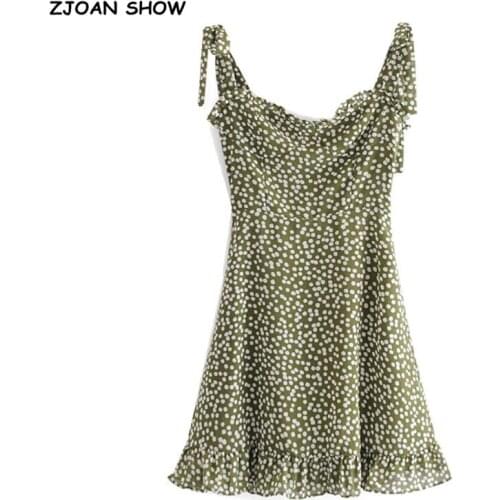 Vintage French style Green Dot Print Women Dress Tie Bow Strap Sleeveless Mini Dress Sexy Beach Women Dress Holiday