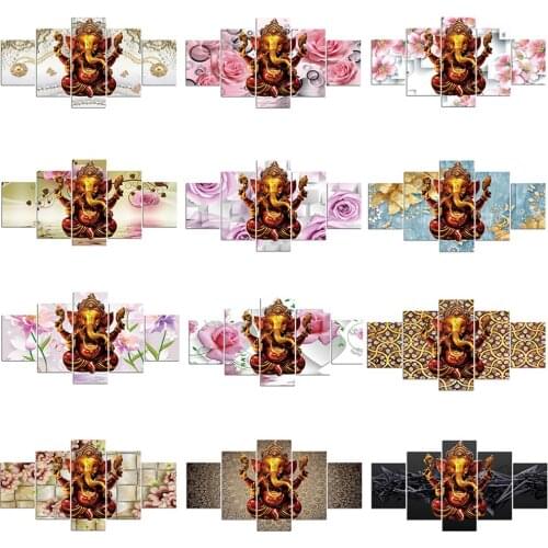 5 Panel Wall Art Canvas Painting Elephant God Style Pictures Lord Ganesha Cuadros Modern Wall Decoration For Living Room