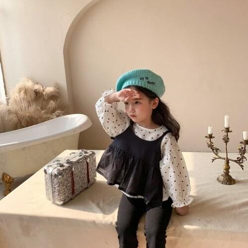 Childrens Clothing Toddler Girls Suits 2021 Spring New Baby Long Sleeve Dots Shirt Black Vest 2pcs Kids Girls Clothes Set 2-7 Y