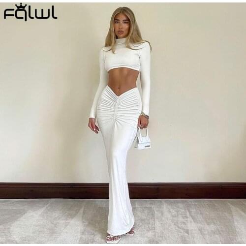 FQLWL Autumn Ruched Party Sexy 2 Two Piece Set Women Skirts 2021 Long Sleeve Crop Top White Bodycon Maxi Long Skirt Dress Sets