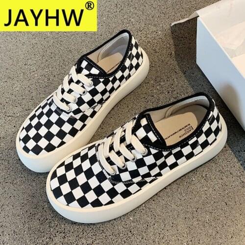 JAYHW Women Vulcanized Shoes Black White Grid Canvas Breathable Comfort Sneakers Platform Shoes Casual Spring Flats Shoe Female