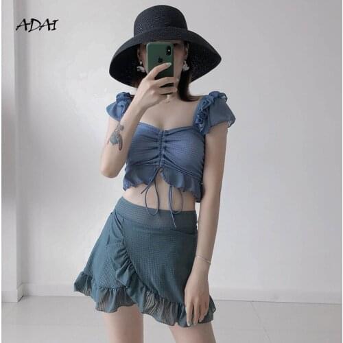 High Waist Bikini Set Cute Womens Swimwear 2021 Sexy Draw String Ruffle Skirt Bathing Suit Two Piece Separates Swim Beach Wear