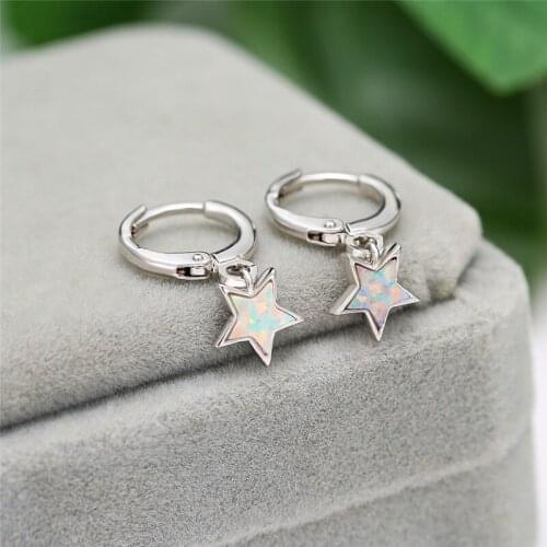 Simple Female Blue Opal Stone Earrings Charm Silver Color Small Hoop Earring Cute Bridal Star Wedding Earringss For Women