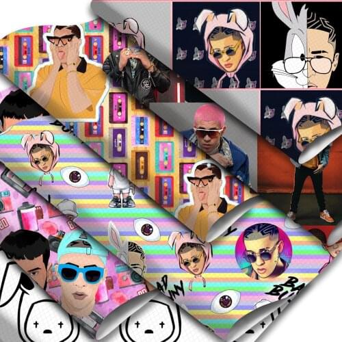 Singer Theme Faux Leather Sheets Men Boy Rabbit Printed Synthetic Leather Fabric 20x33cm for DIY Hair Bows Earrings Making