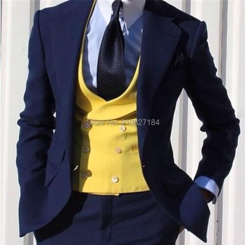 Slim Fit Casual Suits for Mens 2021 3 Piece Wedding Groomsmen Tuxedo Male Fashion Navy Blue Jacket Pants with Yellow Waistcoat
