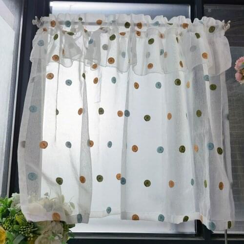 Colorful Dots Embroidery Half Short Curtain for Kitchen Cafe Cabinet Valance Tier Faux Linen Bay Window Panel Drapes