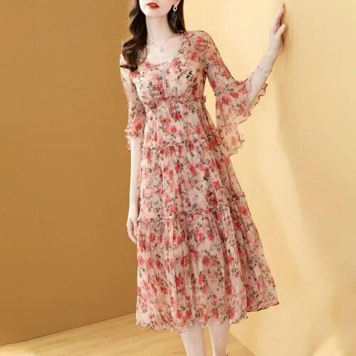 2021 Summer New V-Neck Chiffon Dresses Fashion Slim Floral Butterfly Long Dresses Elegant Half Sleeve Women Dresses LJ3125