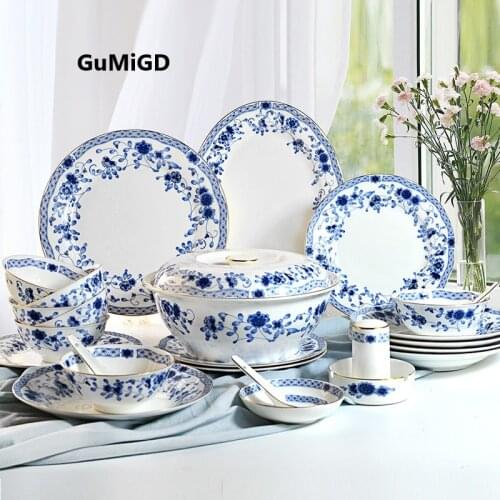 Wedding guci bone china tableware bowl dish set household combination Chinese ceramic plate bone china spoon noodle soup bowl