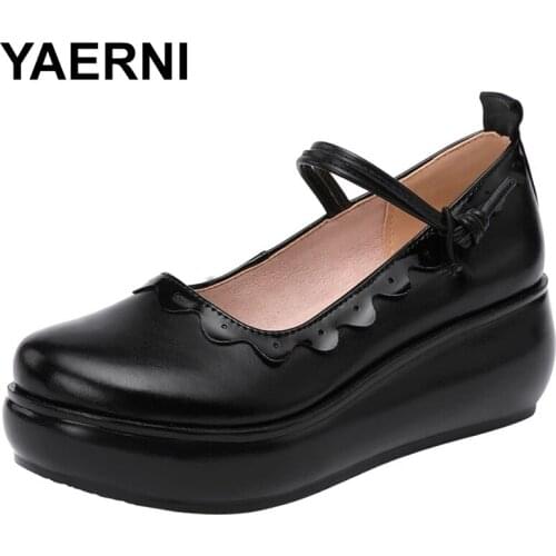 YAERNI Big Size 32-43 Round Head Chunky Platform Shoes for Work 2021 Spring Patent Leather Wedges Mary Janes Women Daily Dancee
