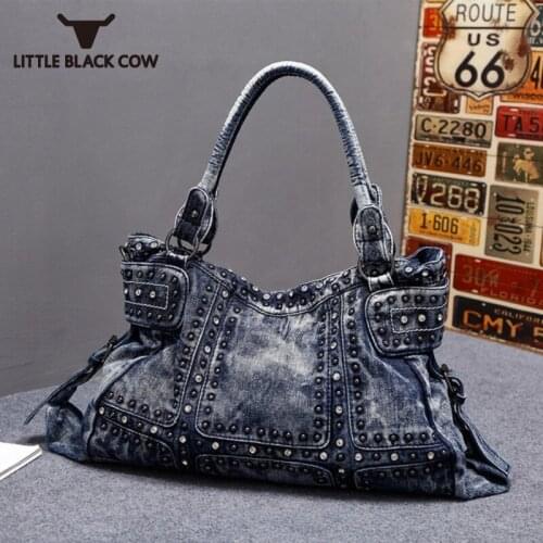 Vintage Women Motorcycle Fashion Denim Tote Bags Diamond Rivet Jeans Female Handbags Ladies Shoulder Bag Casual Bolsa Feminina