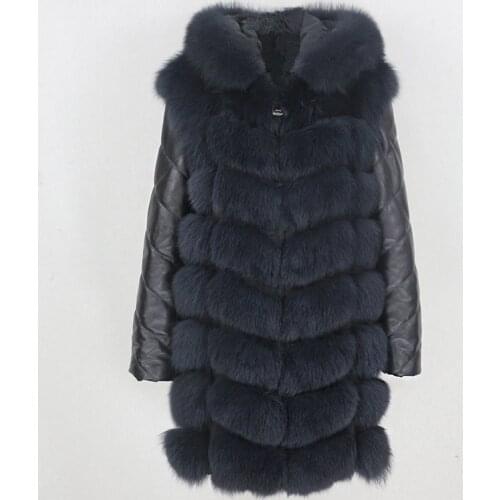 Vogue New New Brand Long Winter Jacket Women Real Fur Coat Natural Fox Fur Hooded Genuine Leather Sleeve Outerwear Streetwear