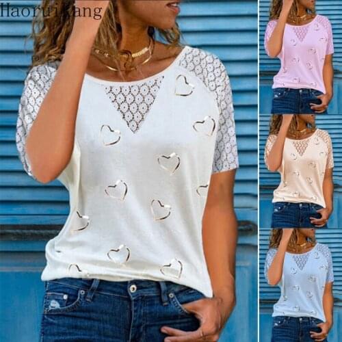 New Summer Womens O Neck T Shirt Lace Hollow Stitching Short Sleeve Shirt Heart Print Tops