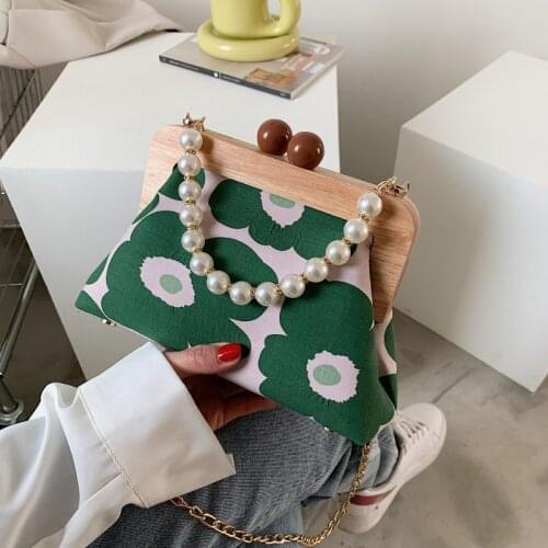 Magnet Hasp Pearl Chain Shoulder Crossbody Bags for Women 2021 Summer New Design Female Flower Print Handbags and Purses