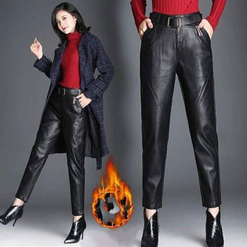New Faux Leather PU Harem Pants Women Casual Elegant Black Trousers High Waist with Belt Ladies Female Autumn Bottom 2021 Y68
