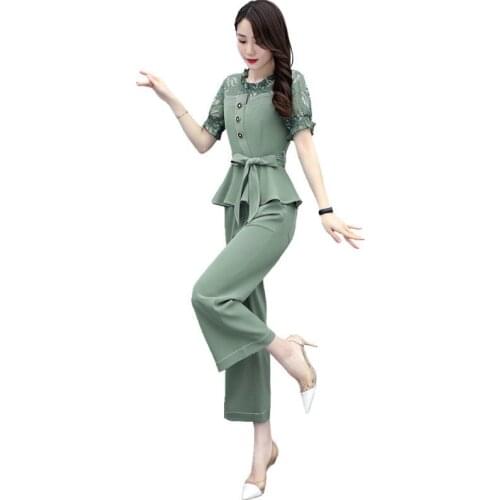2020 Summer Korean Fashion Chiffon Printed Bowknot Stitching Denim Shirt Crop Top And Wide Leg Pants Suit 2 Piece Set Women