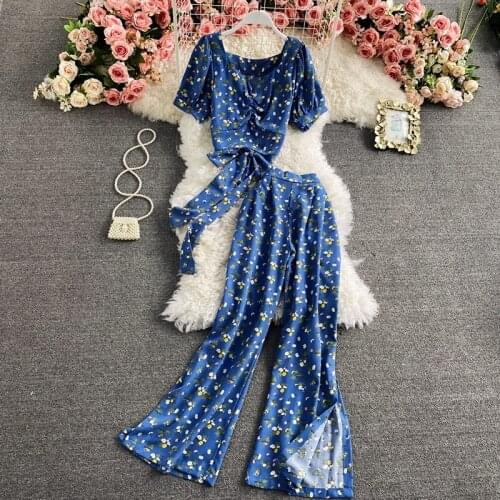 Prairie Chic Floral Print Women Clothing Suit Short Sleeve Square Collar Bandage Top Spilt Wide Leg Pants 2 Piece Set