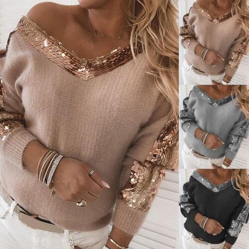 Autumn Winter Women Sexy V Neck Long Sleeve Sweater Sequins One Shoulder Jumpers