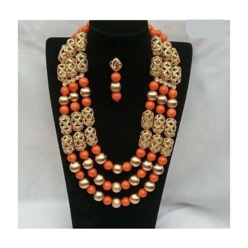 African Coral Beads Gold Wedding Jewelry Set 3 Layers Dubai Bridal Party Jewelry Set for Women WE257