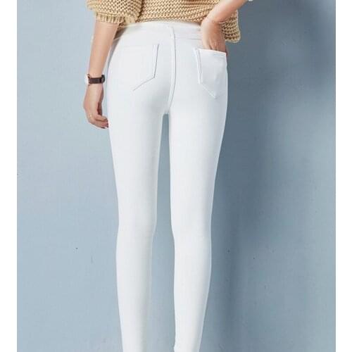 High Waist Elastic Waist White Jeans Woman Winter Thick Slim Stretch Denim Pencil Pants Plus Size Fashion Office Work Trousers