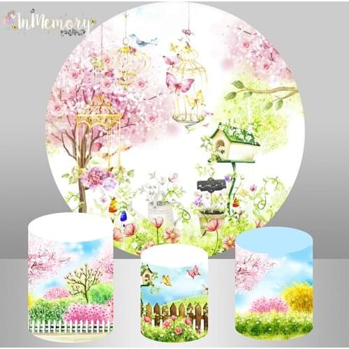 Spring Garden Flower Circle Backdrop Baby Shower Birthday Party Decoration Candy Table Cover Butterfly Round Background Studio