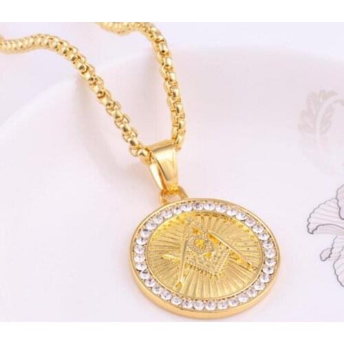Personality Gold Plated Freemasonry Masonic Pendant Necklace Womens Men Cocktail Party Rhinestone Hip Hop Jewelry Accessories