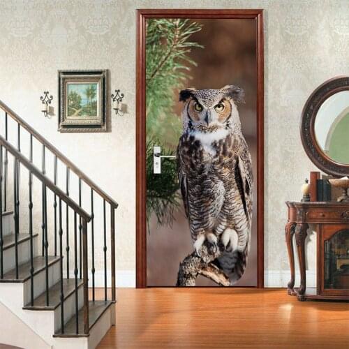 Owl Picture Door Stickers Natural Animal Home Decoration Bedroom Living Room Door Decals Self-Adhesive Two-Piece Wall Art