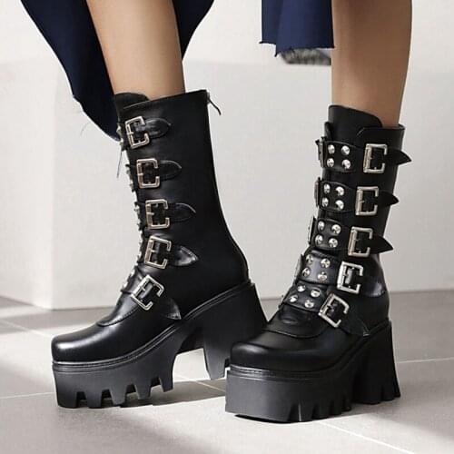 New Autumn And Winter Martin Boots Womens High-heel Motorcycle Boots Thick-soled Mid-tube Women Boots Punk-style Mid-tube Boots