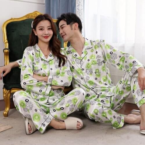 Printing Matching Pajamas Couples Long Sleeved Sleepwear Set Silk Pajamas for Women Sleep Tops Pants Mens Pajamas Set Pijamas