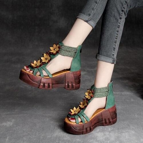 Female High Heels Sandals Genuine Leather Women Shoes 2021 New Summer Retro Zip Wedges Casual Flower Platform Ladies Sandals