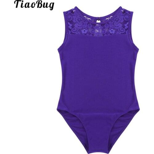 TiaoBug 2 To 14 Years Kids Girls Sleeveless Lace Splice Cutout Back Ballet Dance Bodysuit Gymnastics Leotard Jumpsuit Costume