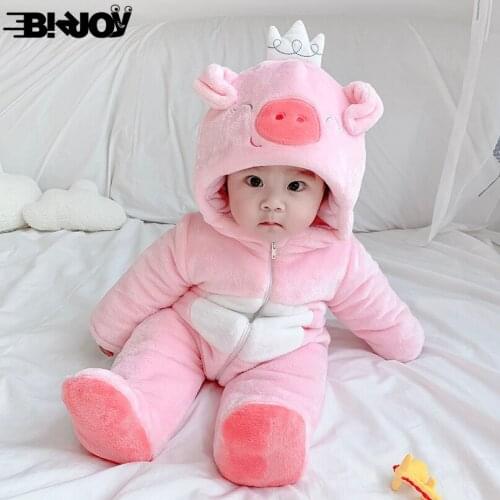 New Pink Pig Thicken Winter Hoodie Infant Flannel Toddler Rompers Babys Boy Girls Cartoon Animals Climbing Hooded Jumpsuit Suits