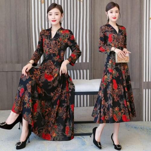 Knitted Dress Autumn Clothing For Women 2020 New Fashion Temperament V-Neck Printing Slim A Line Long Dresses Elegant Robes y291