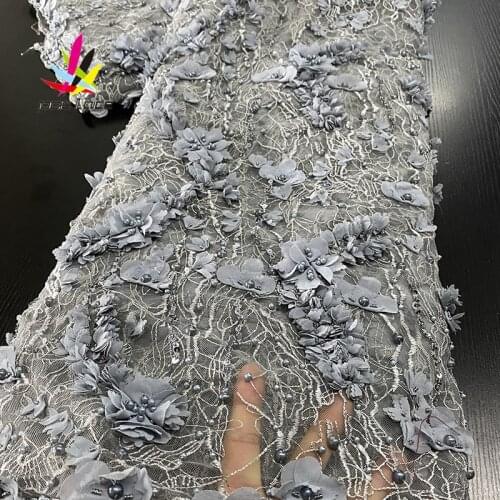 3d Flowers High Quality Nigerian Handmade Beads French Lace Embroidered Tulle Lace Fabric For Wedding Dress 2020