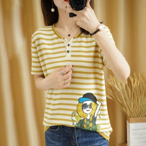 T-shirt women 2021 summer new pure cotton top casual sweater striped knitwear V neck pullover short sleeve plus size tees