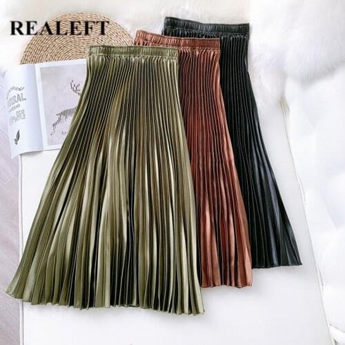 REALEFT Summer 2021 New Elegant Stain Metallic Women Mi-long Skirts High Waist Solid Female Minimalist Pleated Umbrella Skirts