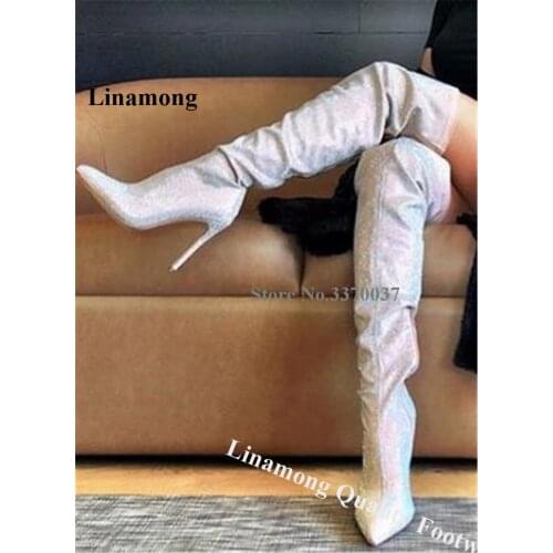 Linamong Luxurious Bling Bling Pointed Toe Over Knee Stiletto Heel Boots Crystal Slim Long High Heel Boots Club Dress Shoes