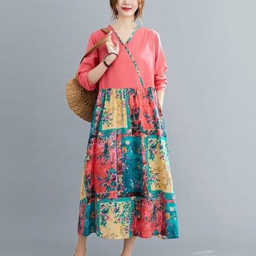 V-neck Cotton Linen Loose Women Dress Long Sleeve Autumn Dress Patchwork Print Floral Vintage Dress Female Casual Spring Dress