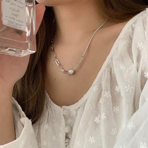 VENTFILLE 925 Sterling Silver Pearl Necklace for Women New Trendy Elegant Charming Creative Asymmetry Chain Design Bride Jewelry