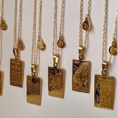 12 Zodiac Sign Waterproof Necklaces For Women 18K Gold Plating Stainless Steel Square Horoscope Amulet Pendant Choker Necklace