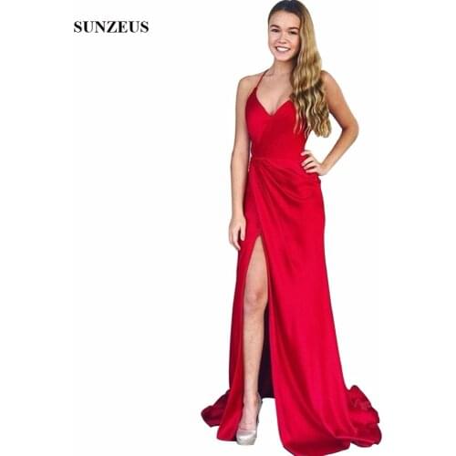 2020 Summer Sexy Slit Bridesmaids Dresses Straight Halter Neck Red Charmause Long Prom Gowns Wedding Party Dress Girl BDS041