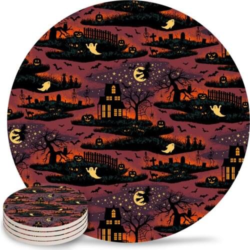 Halloween Night Round Coaster Coffee Table Mats Kitchen Table Accessories Absorbent Ceramic Coasters