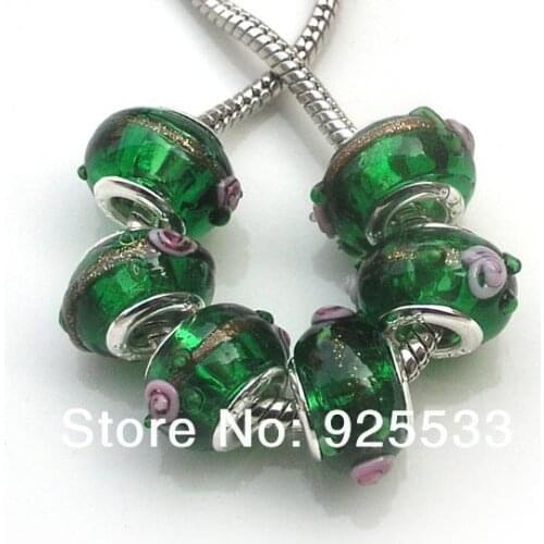 Free shipping 8x14mm 50pcs per lot silver plated core green glass with gold line big hole beads fit European bracelet DIY