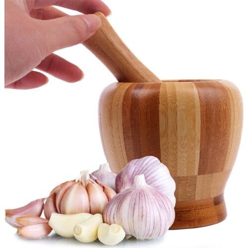 Garlic Masher Garlic Spice Pepper Grinder Masher Mortar Pestle Bamboo Medicine Pot Bowl Home Kitchen Cooking Tools