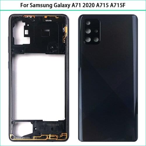 For Samsung Galaxy A71 2020 A715 A715F Plastic Housing Case Middle Frame Chassis + Battery Back Cover Door + Camera Lens Replace