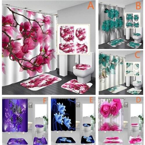 Shower Curtain Sets with Non-Slip Rugs, Toilet Lid Cover and Bath Mat, Shower Curtains with 12 Hooks, Bathroom Decor